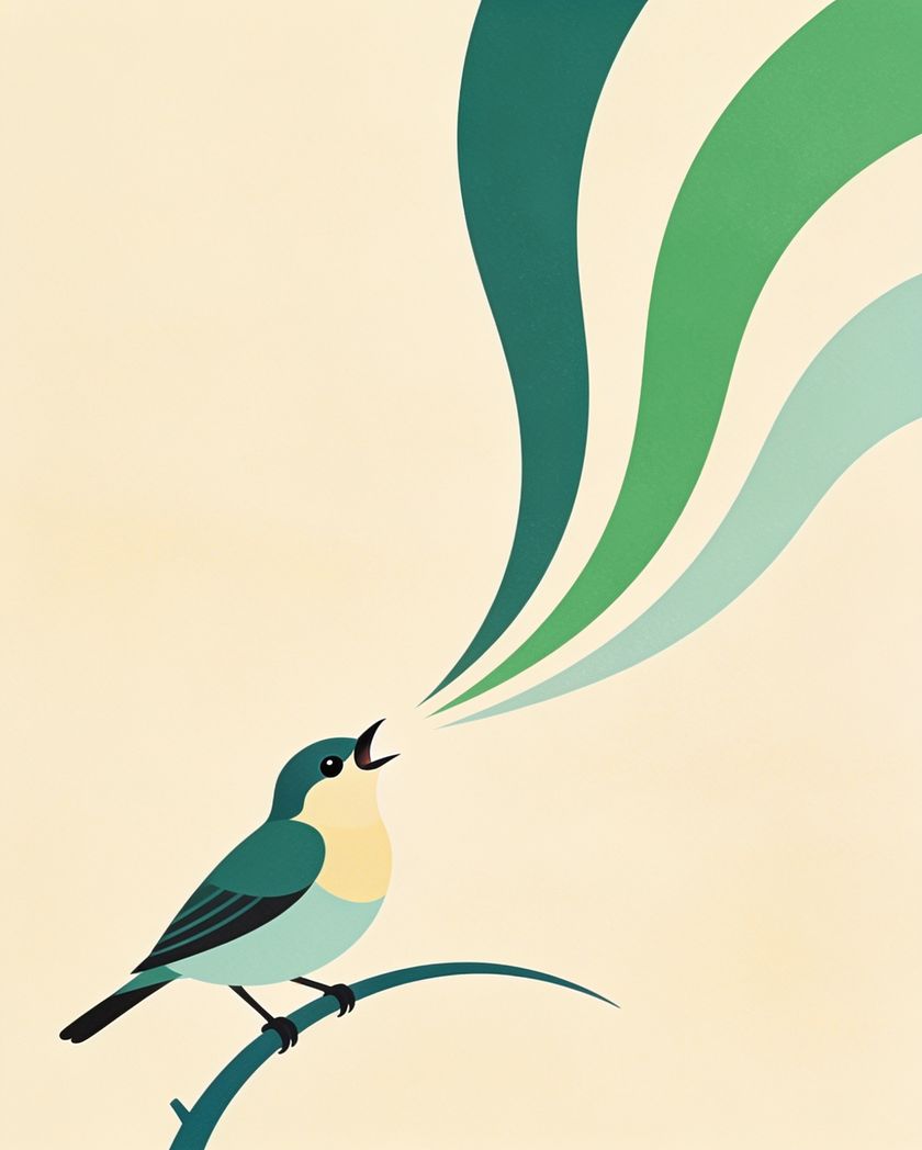 Flat illustration in Prosody's palette: a songbird on a branch, its song drawn as three green ribbons flowing off the page