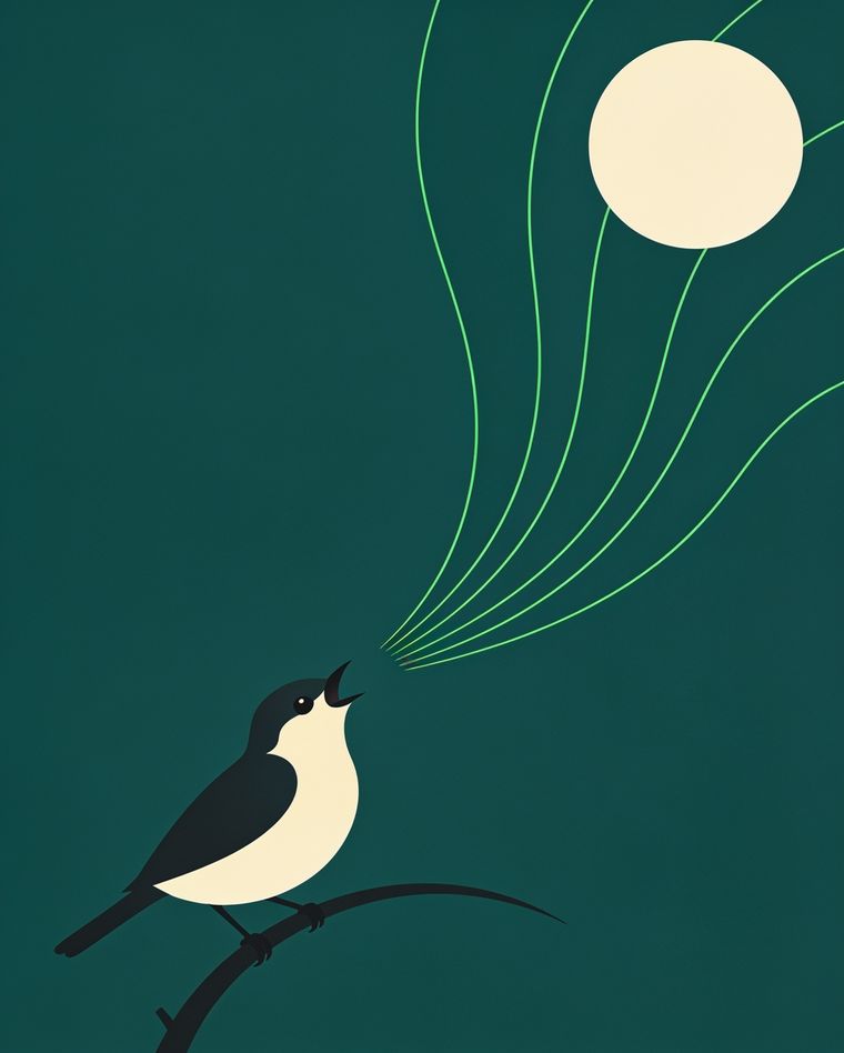 Flat night illustration: the same songbird singing bright green lines up toward a cream moon